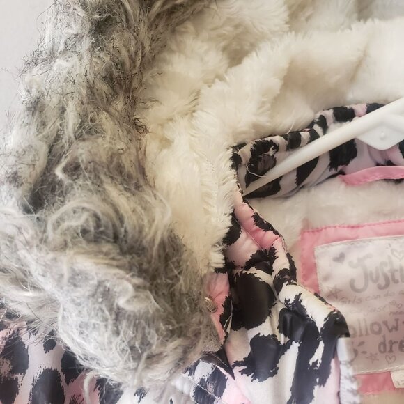 Justice Girls Leopard Print Winter Jacket Faux Fur Hood Interior Size L 12 14 - Picture 4 of 10